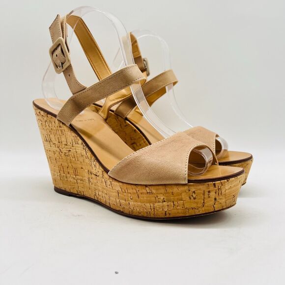 J Crew Shoes Womens 10 Beige Leather Cork Wedge Heels Platform Sandals - Picture 3 of 11